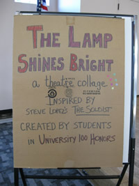 Cardboard box marquis for "The Lamp Shines Bright" performance.