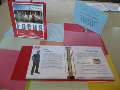 Student-authored versions of the FOCUS textbook challenge cases pairing each student's picture with a description of the college challenge she or he is facing.
